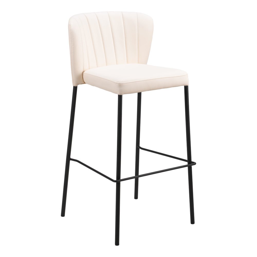 Set of Two 29" Cream And Black Faux Leather And Steel Bar Height Bar Chairs