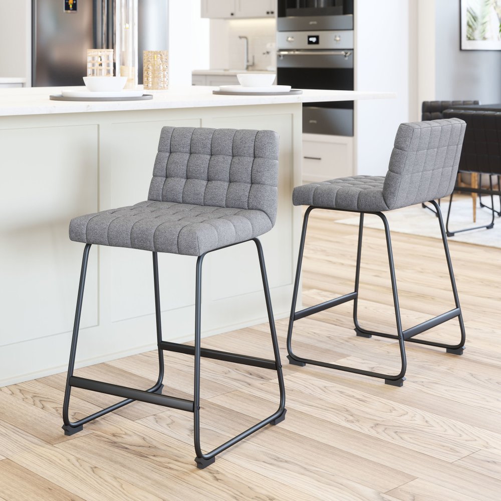 Set of Two 26" Gray And Black Fabric And Steel Counter Height Bar Chairs