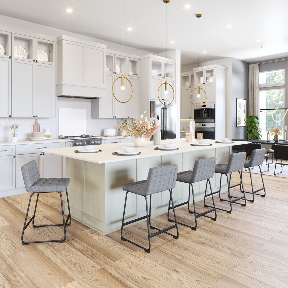 Set of Two 26" Gray And Black Fabric And Steel Counter Height Bar Chairs