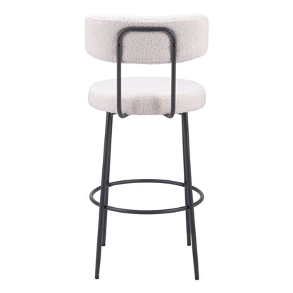 Set of Two 29" Ivory And Black Shearling And Steel Low Back Bar Height Bar Chairs