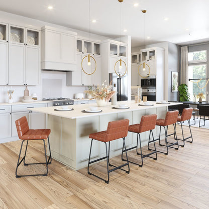 Set of Two 26" Brown And Black Faux Leather And Steel Counter Height Bar Chairs