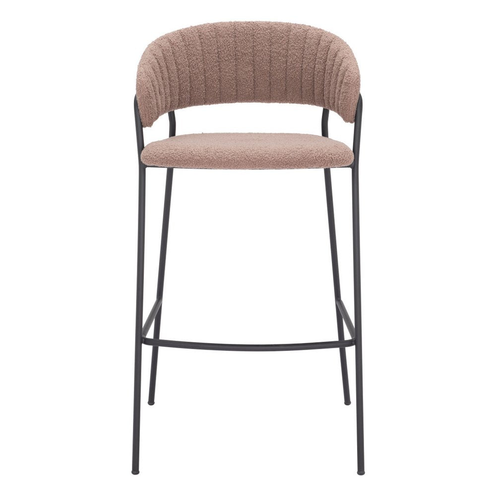 Set of Two 30" Brown and Black Shearling and Steel Low Back Bar Height Bar Chairs