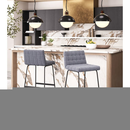 Set of Two 30" Gray And Black Fabric And Steel Bar Height Bar Chairs