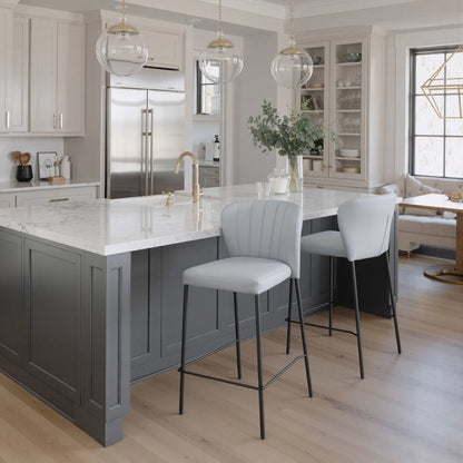 Set of Two 26" Gray And Black Faux Leather And Steel Counter Height Bar Chairs