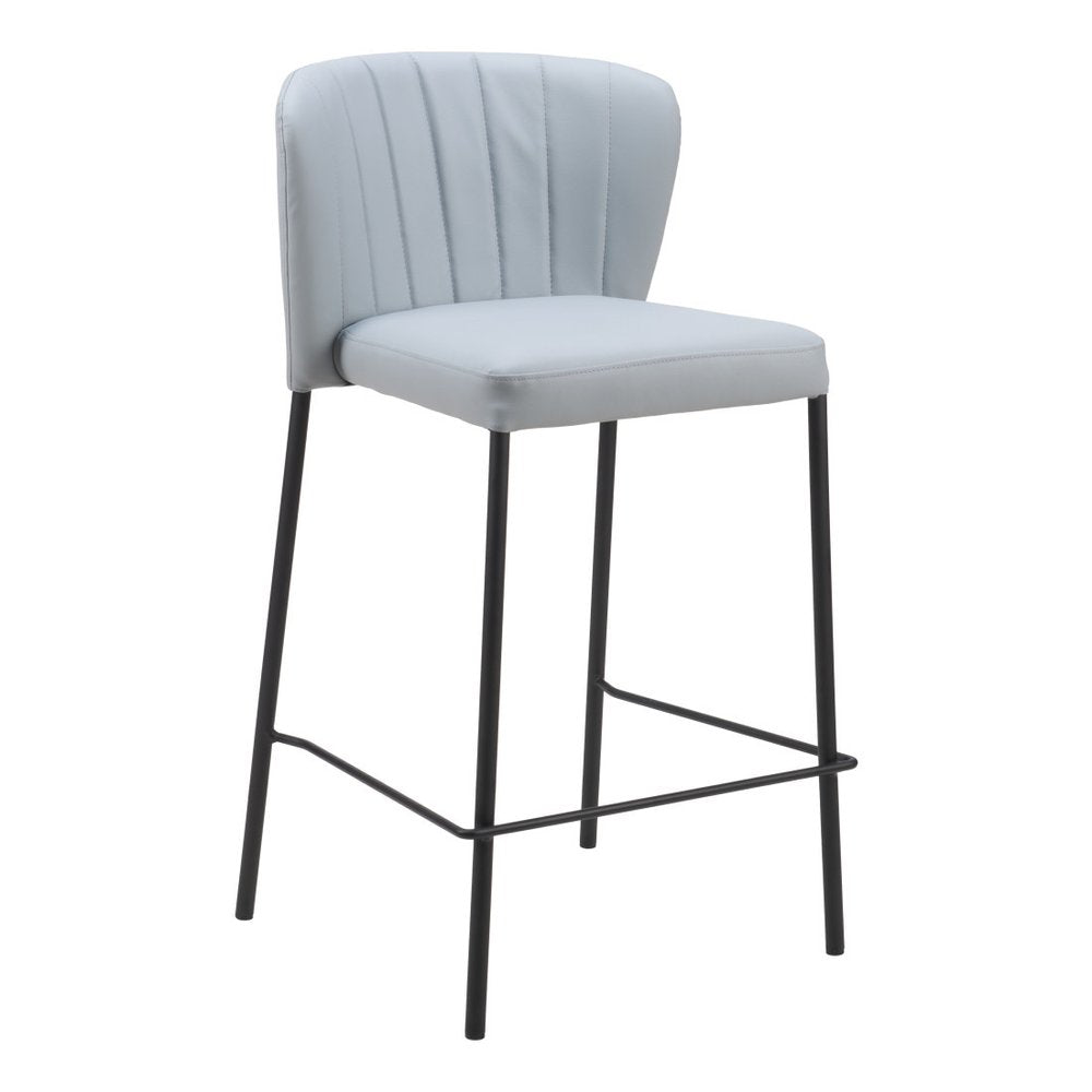 Set of Two 26" Gray And Black Faux Leather And Steel Counter Height Bar Chairs
