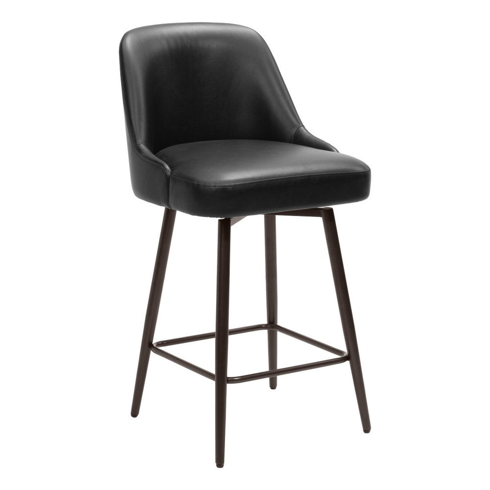 26" Black And Bronze Faux Leather And Steel Counter Height Swivel Bar Chair