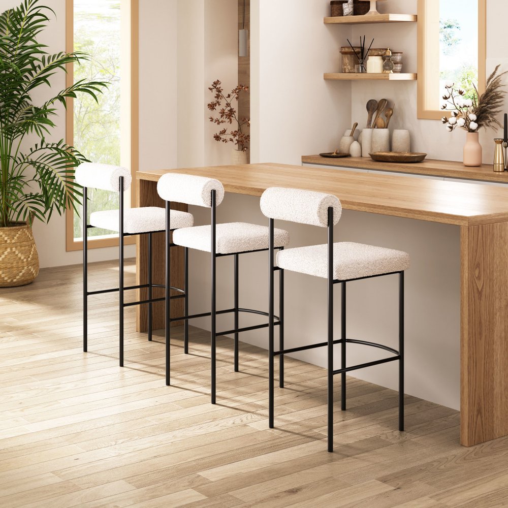 Set of Two 30" Ivory and Black Shearling and Steel Low Back Bar Height Bar Chairs