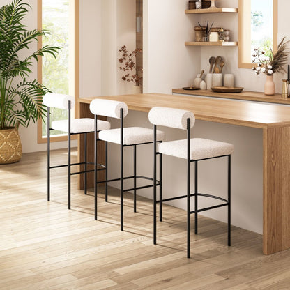 Set of Two 30" Ivory and Black Shearling and Steel Low Back Bar Height Bar Chairs