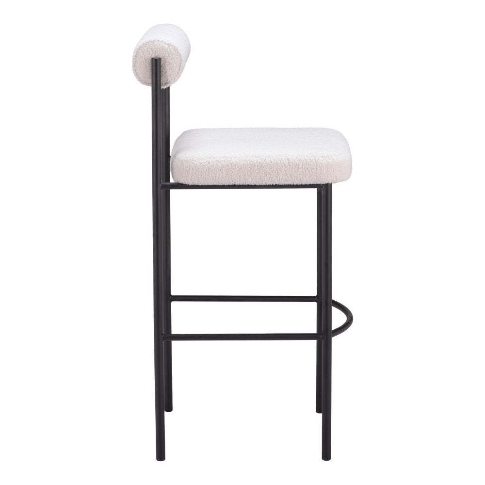 Set of Two 30" Ivory and Black Shearling and Steel Low Back Bar Height Bar Chairs