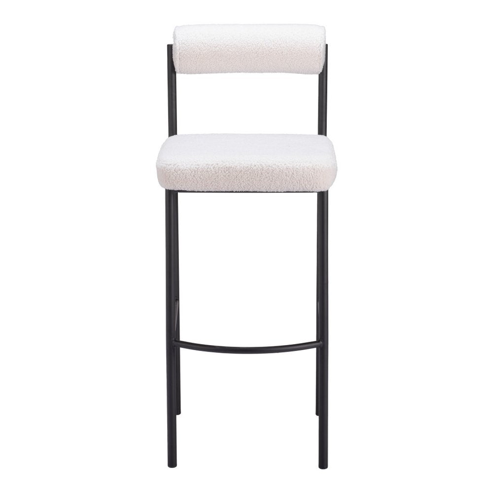 Set of Two 30" Ivory and Black Shearling and Steel Low Back Bar Height Bar Chairs