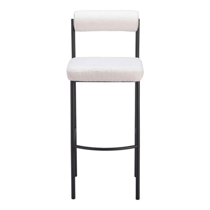 Set of Two 30" Ivory and Black Shearling and Steel Low Back Bar Height Bar Chairs
