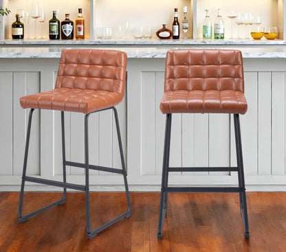 Set of Two 30" Brown And Black Faux Leather And Steel Bar Height Bar Chairs