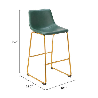 Set of Two 29" Green And Gold Faux Leather And Steel Bar Height Bar Chairs