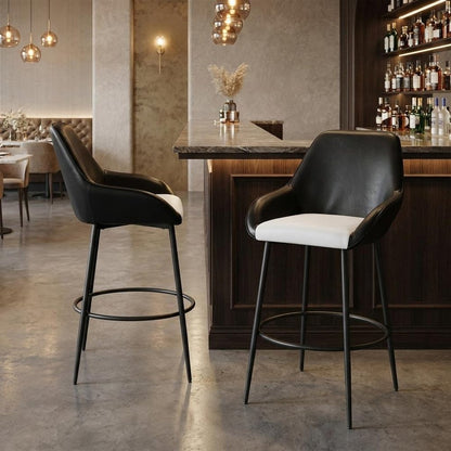 Set of Two 30" Black Faux Leather And Fabric And Steel Bar Height Bar Chairs