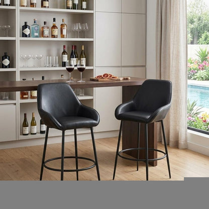 Set of Two 30" Black Faux Leather And Steel Bar Height Bar Chairs