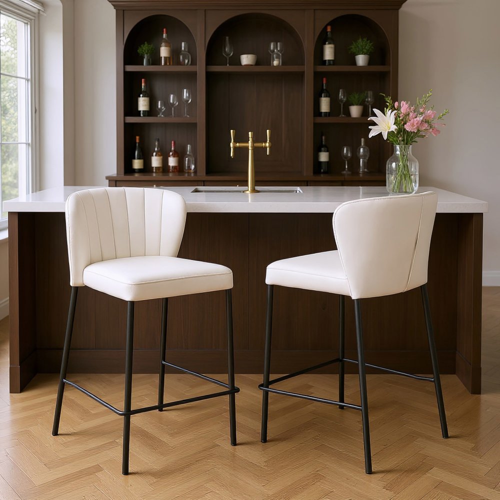 Set of Two 26" Cream And Black Faux Leather And Steel Counter Height Bar Chairs