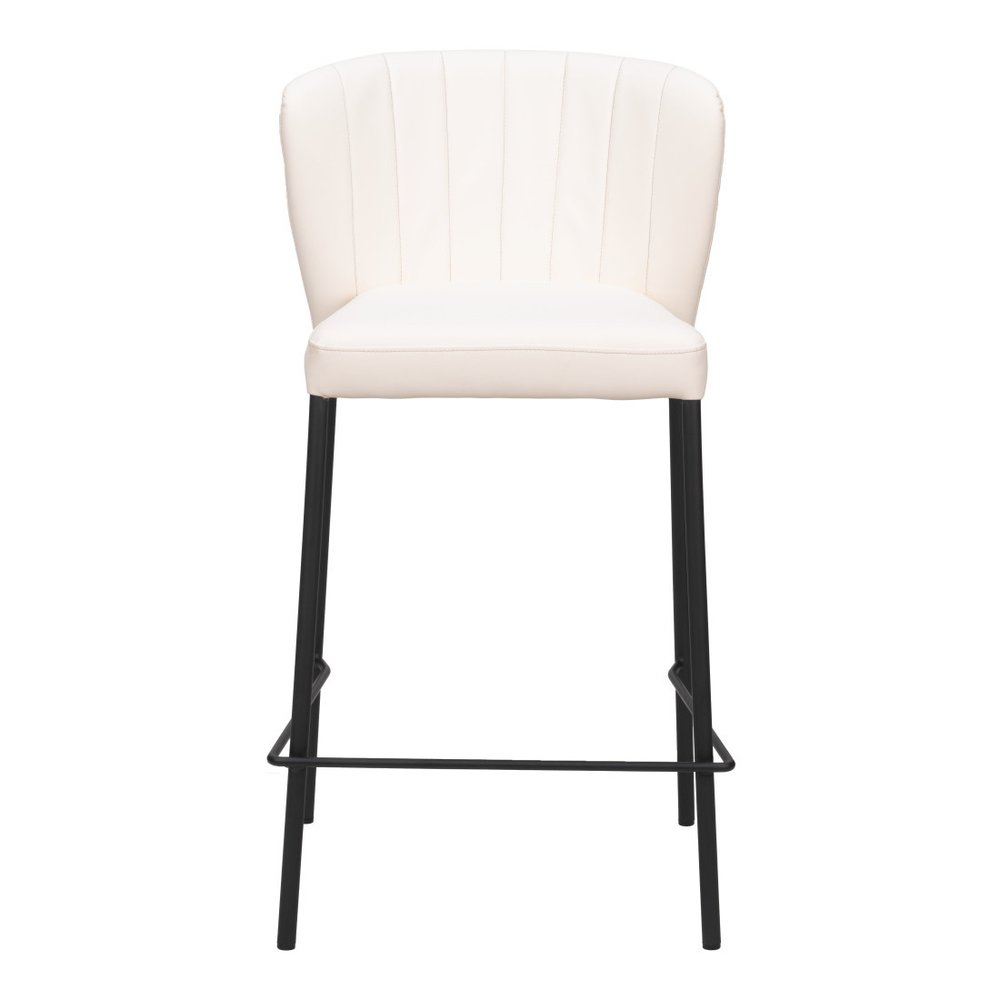 Set of Two 26" Cream And Black Faux Leather And Steel Counter Height Bar Chairs