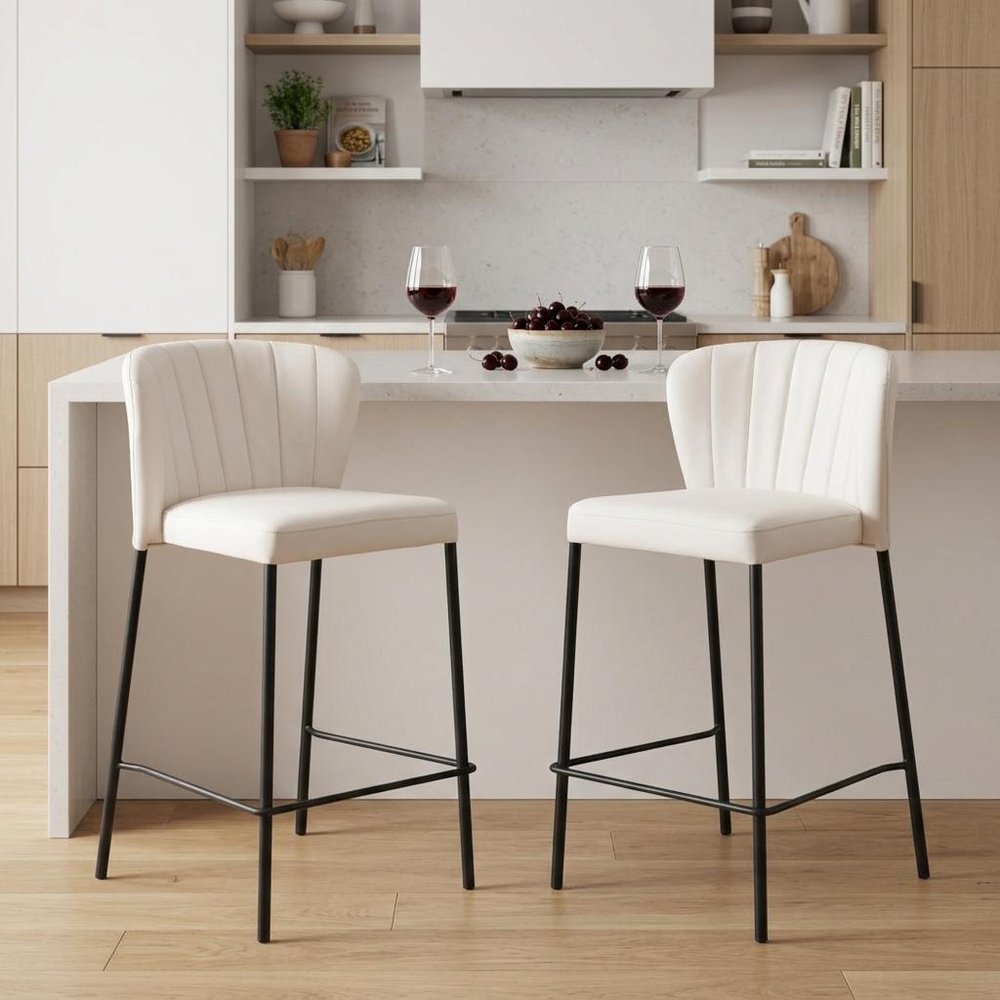 Set of Two 26" Cream And Black Faux Leather And Steel Counter Height Bar Chairs