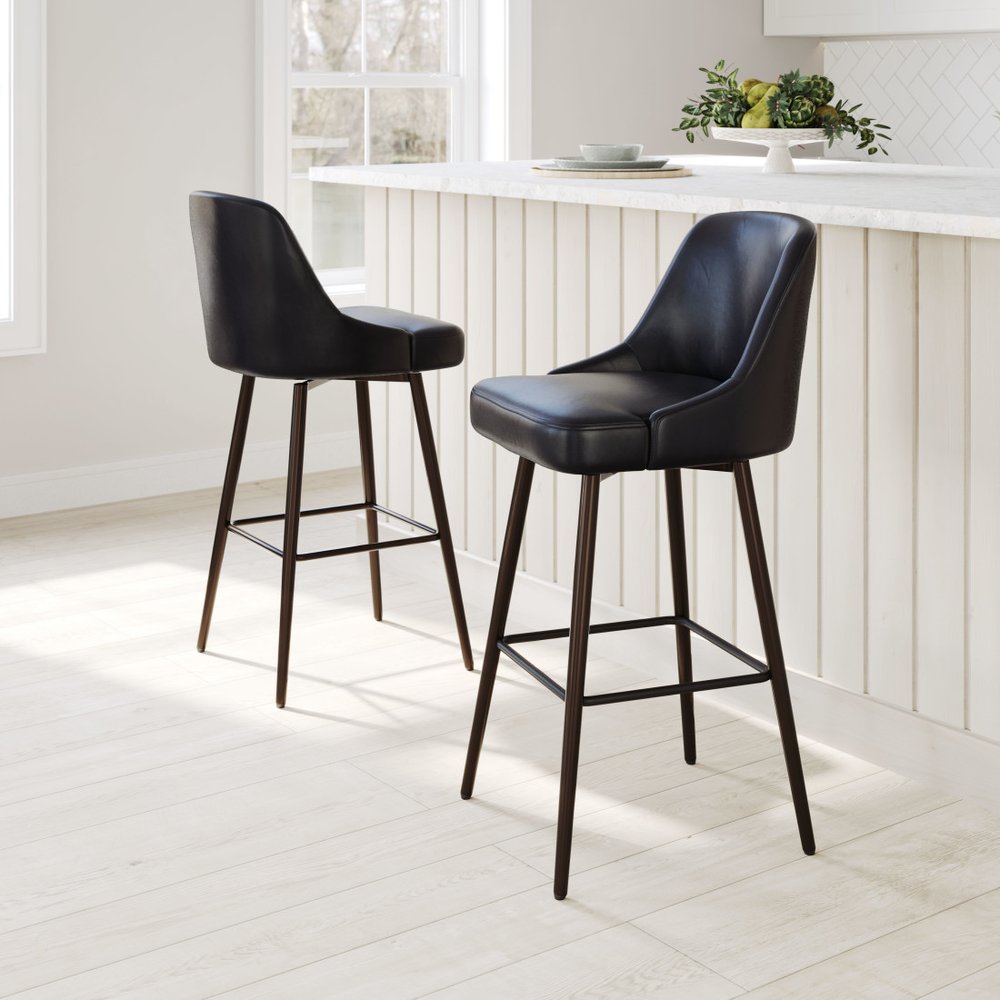 30" Black And Bronze Faux Leather And Steel Bar Height Swivel Bar Chair