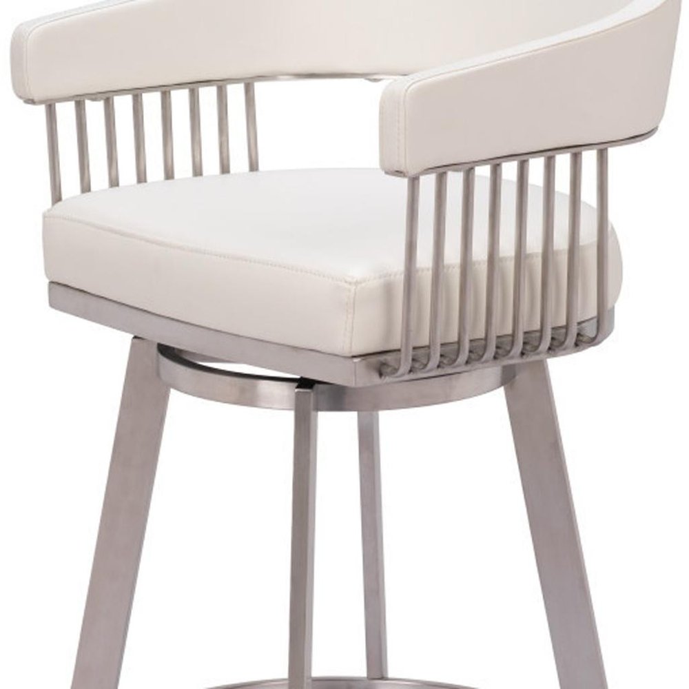 31" White And Silver Faux Leather And Stainless Steel Bar Height Swivel Bar Chair