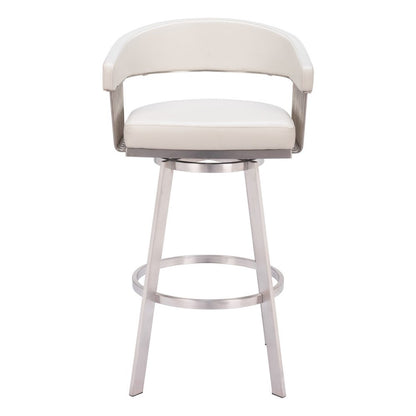 31" White And Silver Faux Leather And Stainless Steel Bar Height Swivel Bar Chair