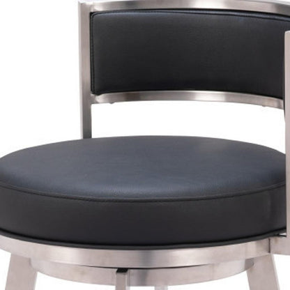 31" Black And Silver Faux Leather And Stainless Steel Low Back Bar Height Swivel Bar Chair