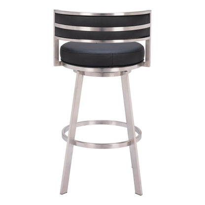 31" Black And Silver Faux Leather And Stainless Steel Low Back Bar Height Swivel Bar Chair