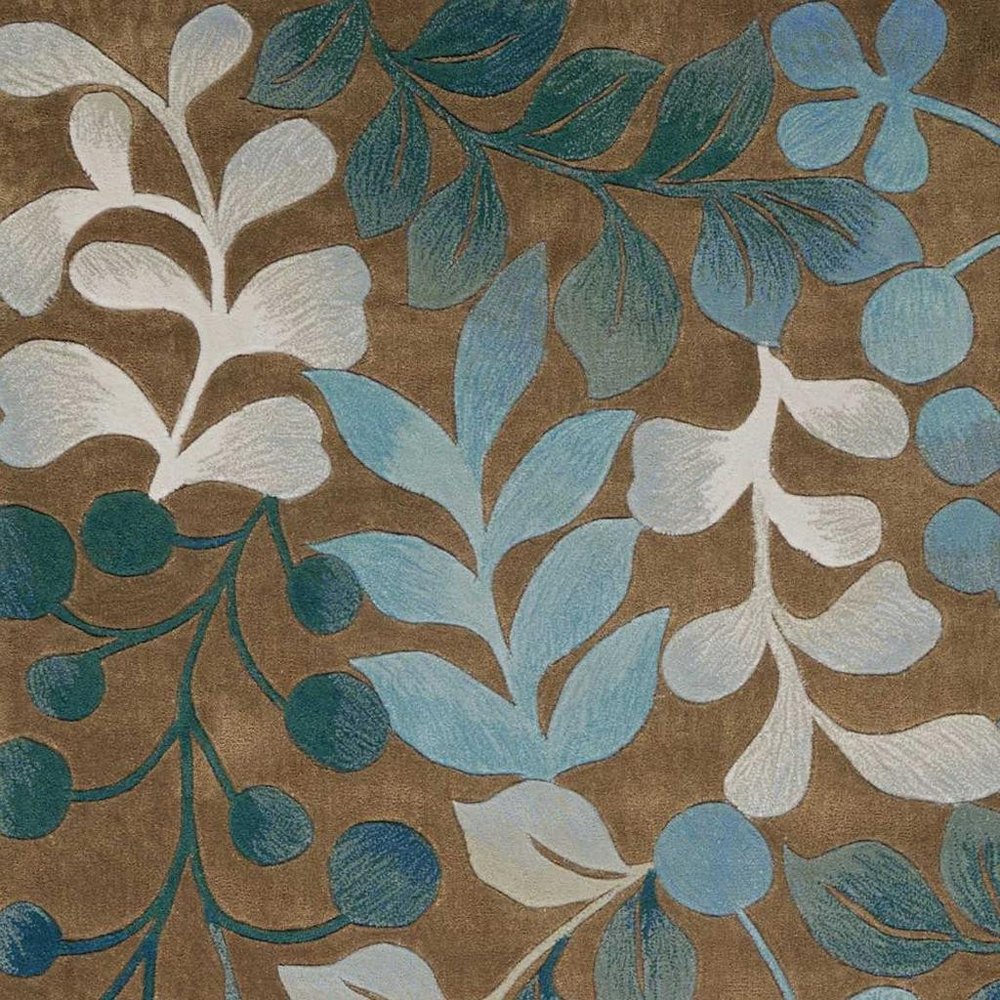 7' X 9' Blue and Brown Botanical Leaves Area Rug