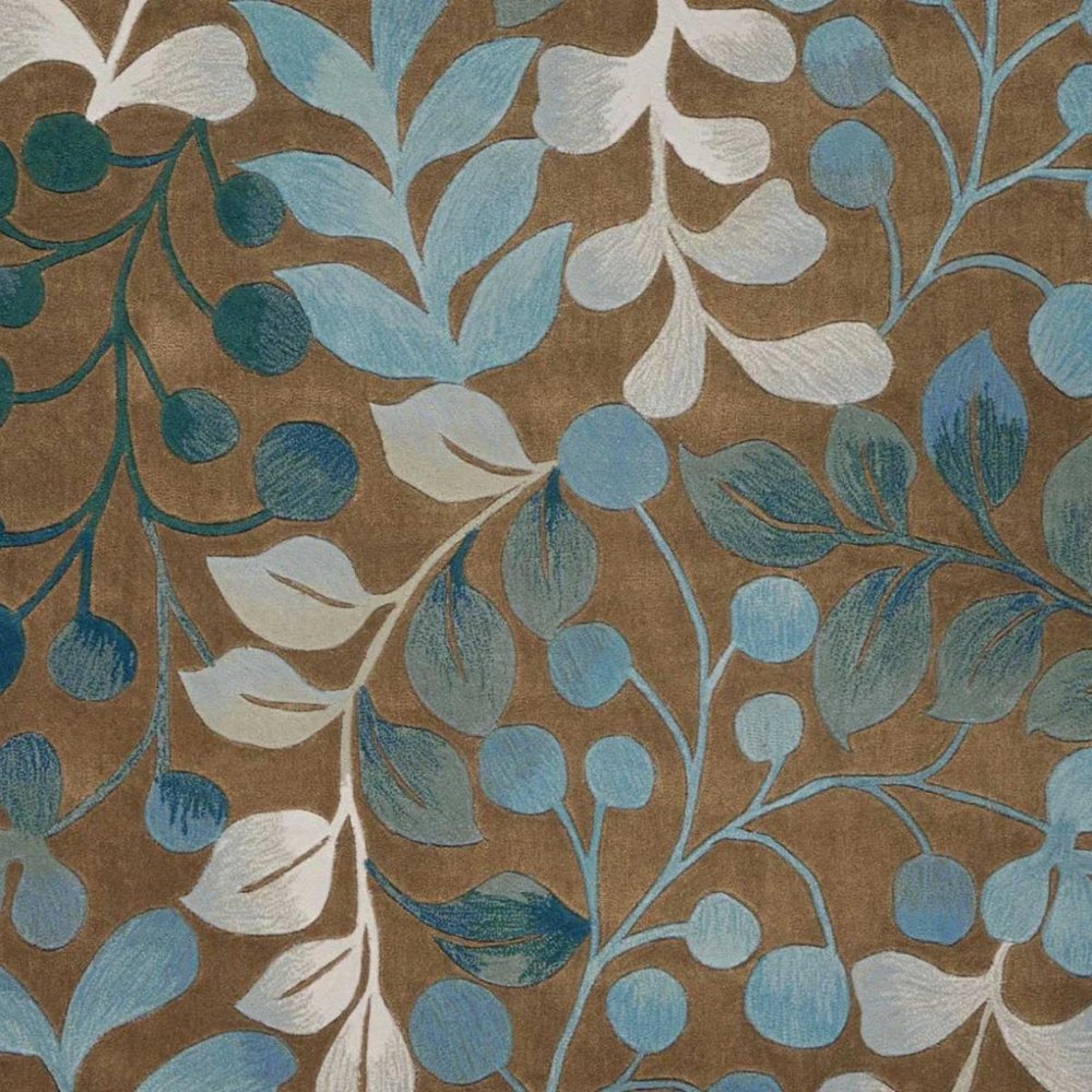 7' X 9' Blue and Brown Botanical Leaves Area Rug