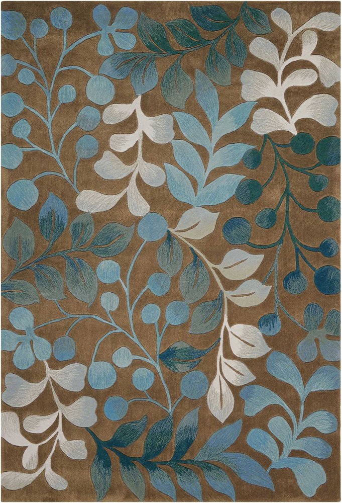 7' X 9' Blue and Brown Botanical Leaves Area Rug