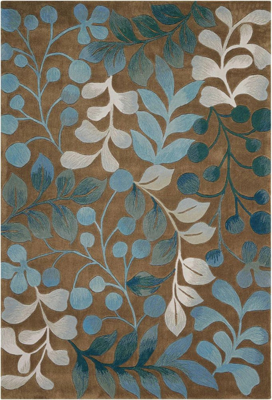7' X 9' Blue and Brown Botanical Leaves Area Rug
