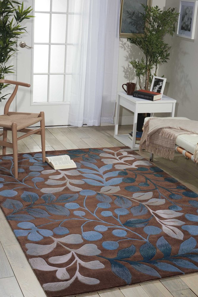 7' X 9' Blue and Brown Botanical Leaves Area Rug