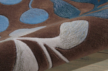7' X 9' Blue and Brown Botanical Leaves Area Rug