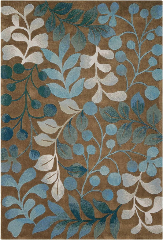 7' X 9' Blue and Brown Botanical Leaves Area Rug