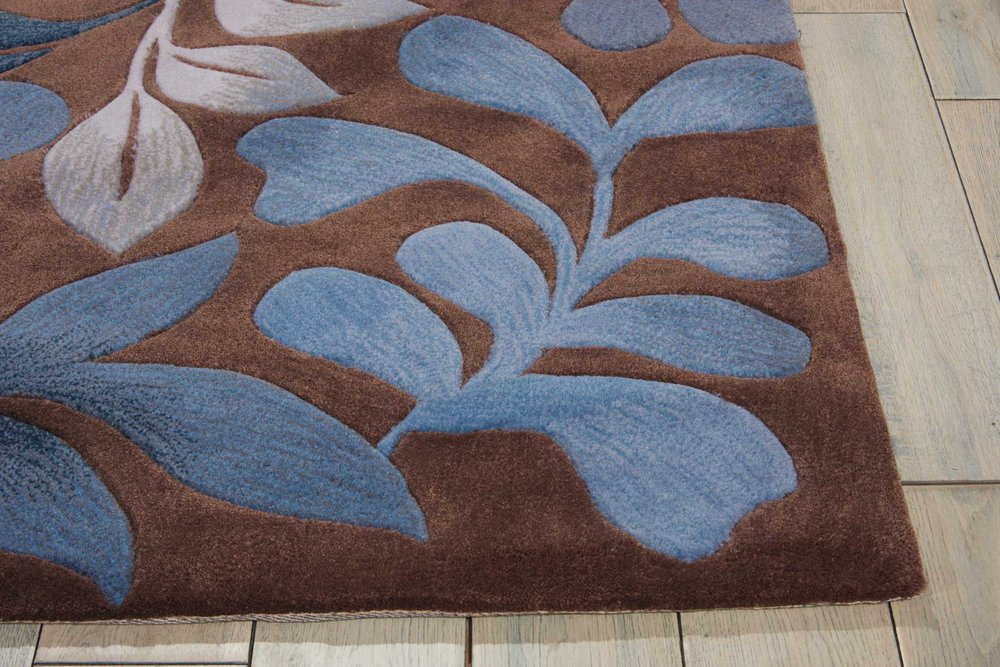 7' X 9' Blue and Brown Botanical Leaves Area Rug
