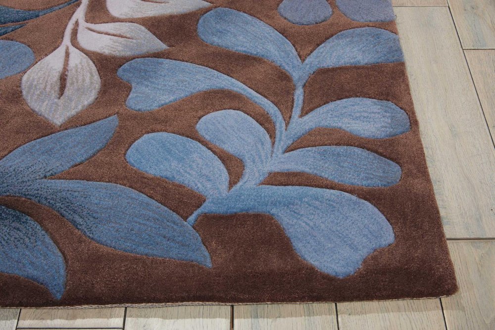 7' X 9' Blue and Brown Botanical Leaves Area Rug