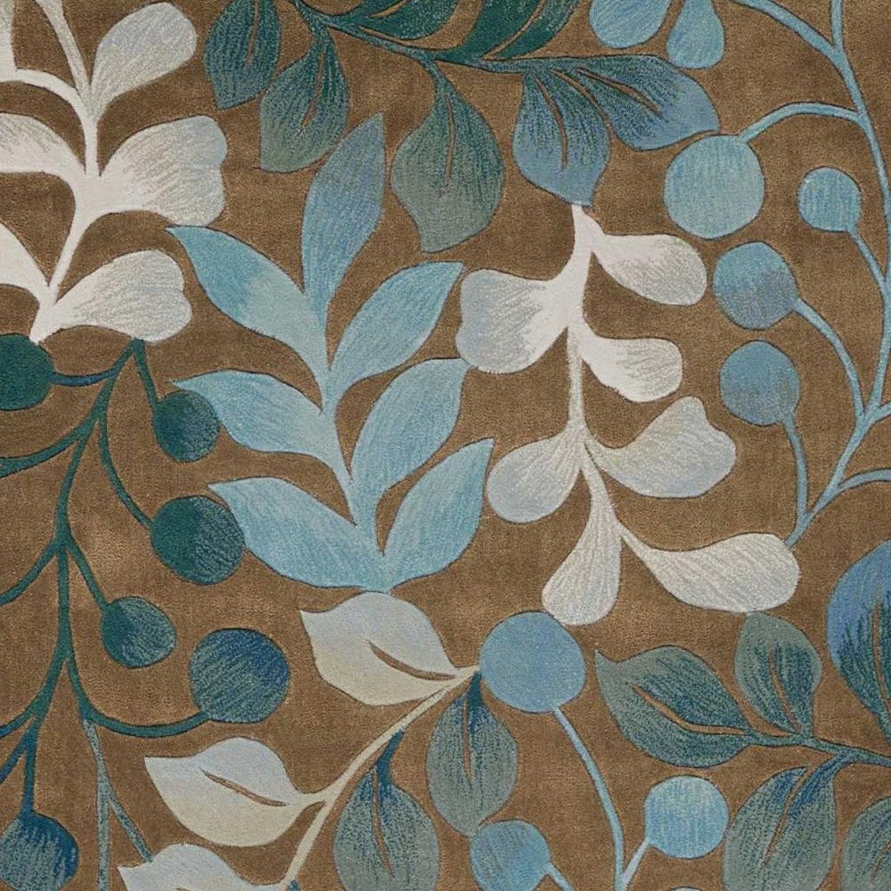 7' X 9' Blue and Brown Botanical Leaves Area Rug