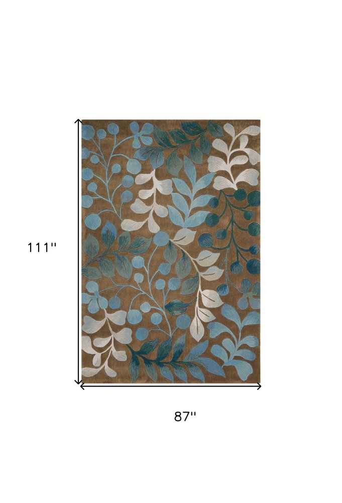 7' X 9' Blue and Brown Botanical Leaves Area Rug