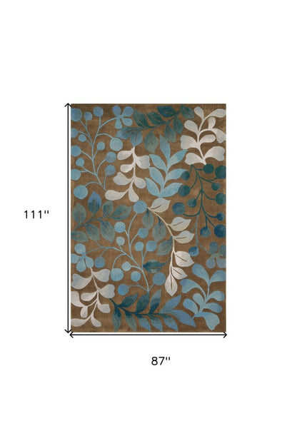 7' X 9' Blue and Brown Botanical Leaves Area Rug