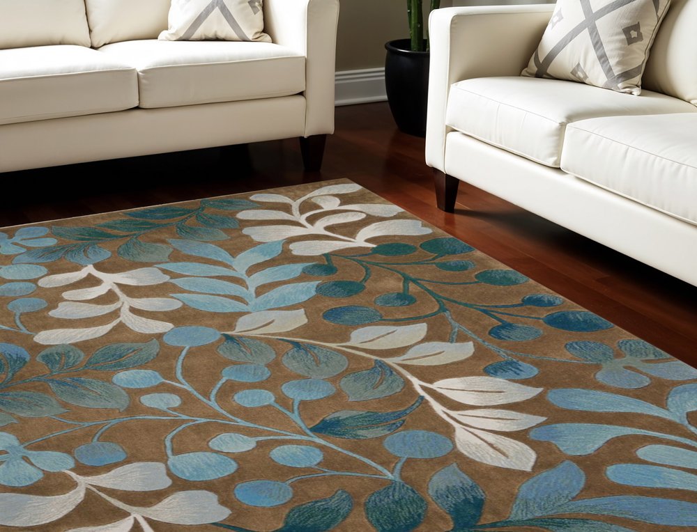 7' X 9' Blue and Brown Botanical Leaves Area Rug
