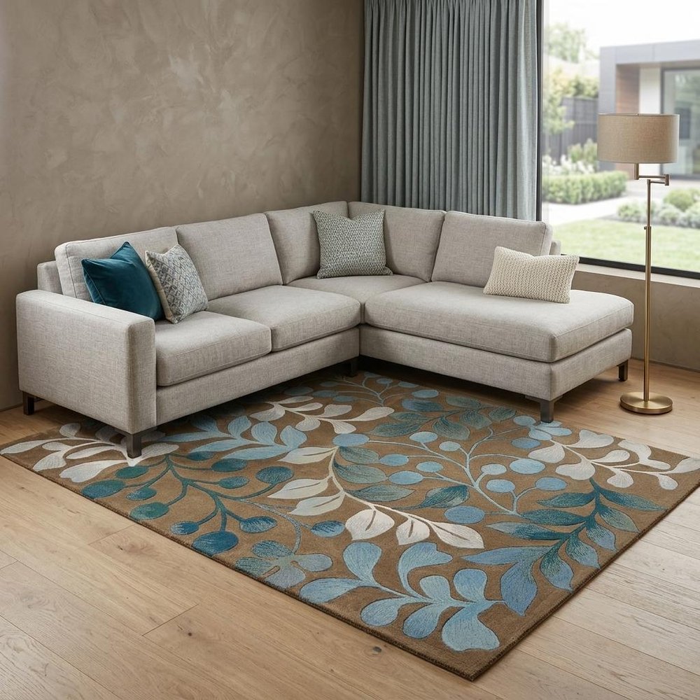 7' X 9' Blue and Brown Botanical Leaves Area Rug