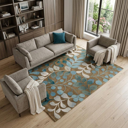 7' X 9' Blue and Brown Botanical Leaves Area Rug