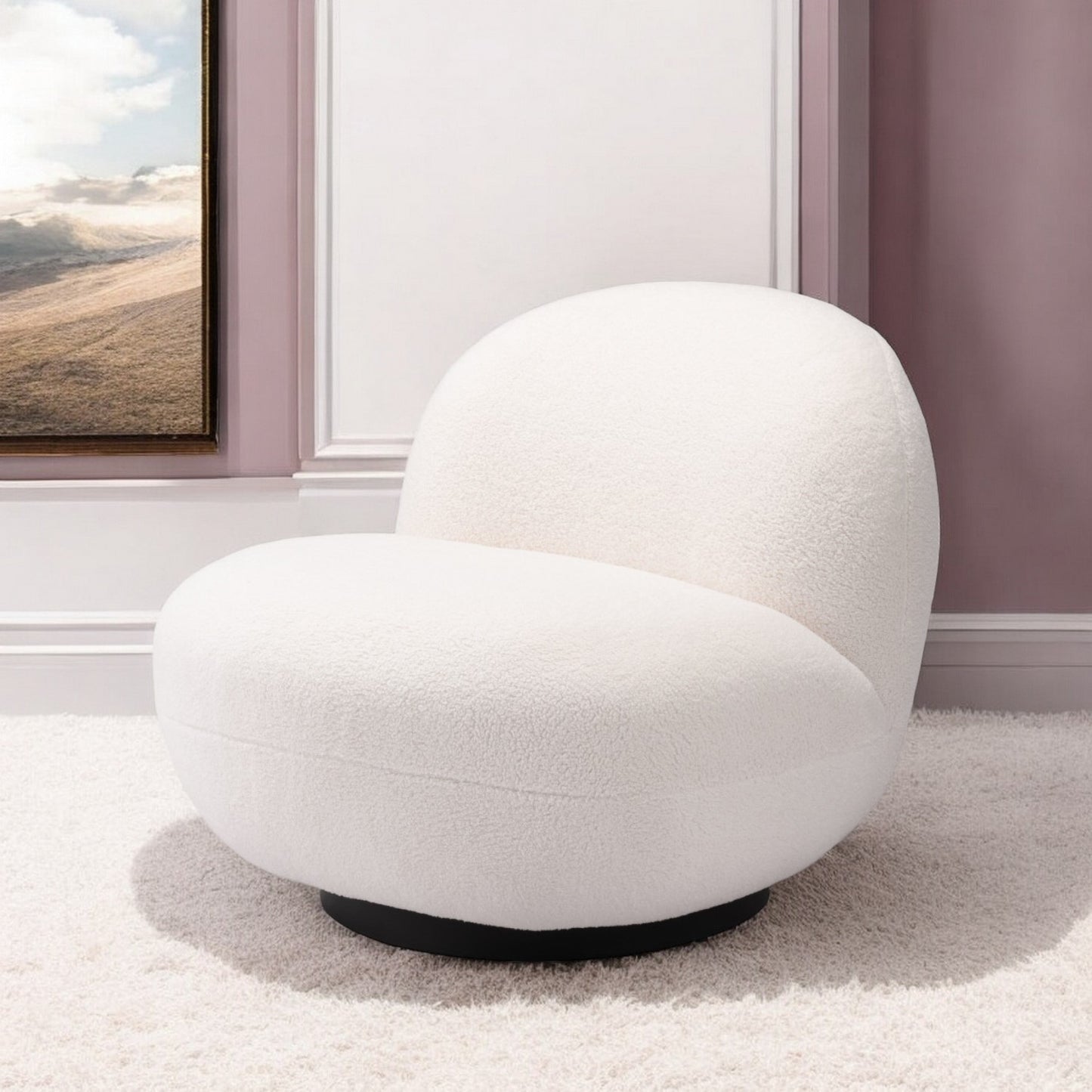 30" Cream And Black Faux Shearling And Upholstered Slipper Chair