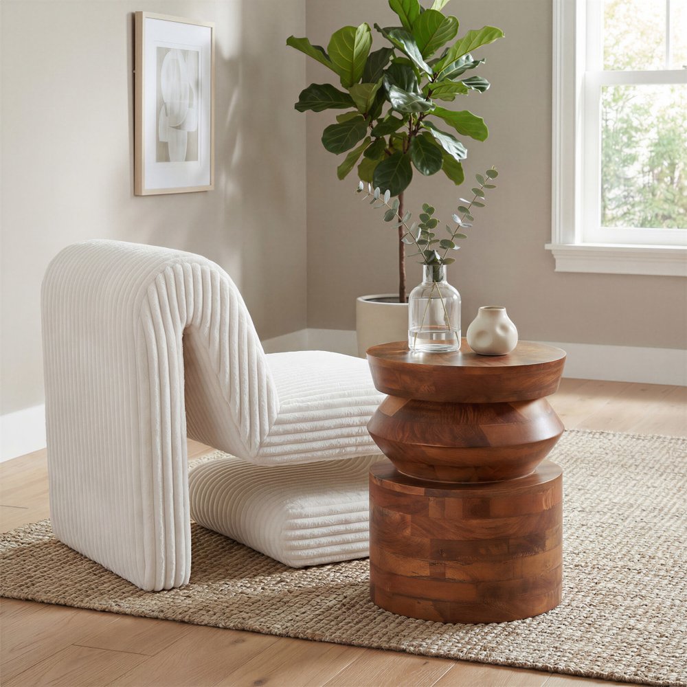 26" White Corduroy And Upholstered Lounge Chair