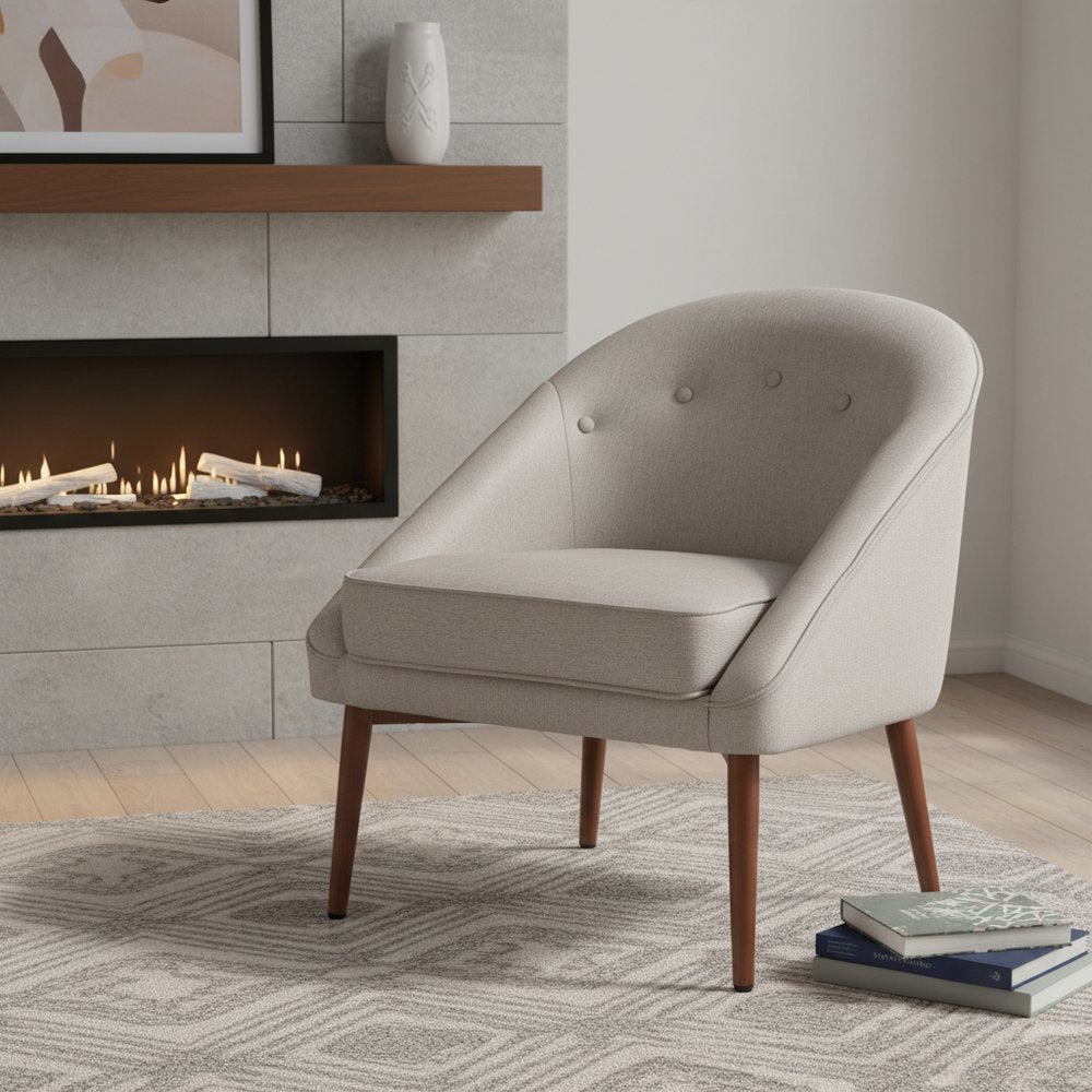 28" Gray And Brown Fabric And Upholstered Tufted Barrel Chair