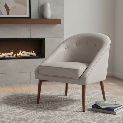 28" Gray And Brown Fabric And Upholstered Tufted Barrel Chair