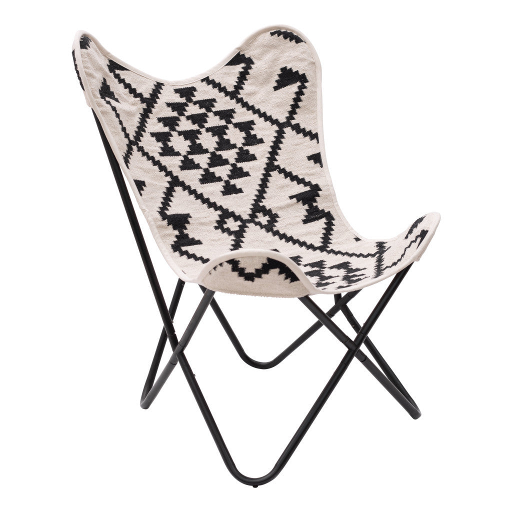 26" Beige And Black And Black Geometric Butterfly Chair