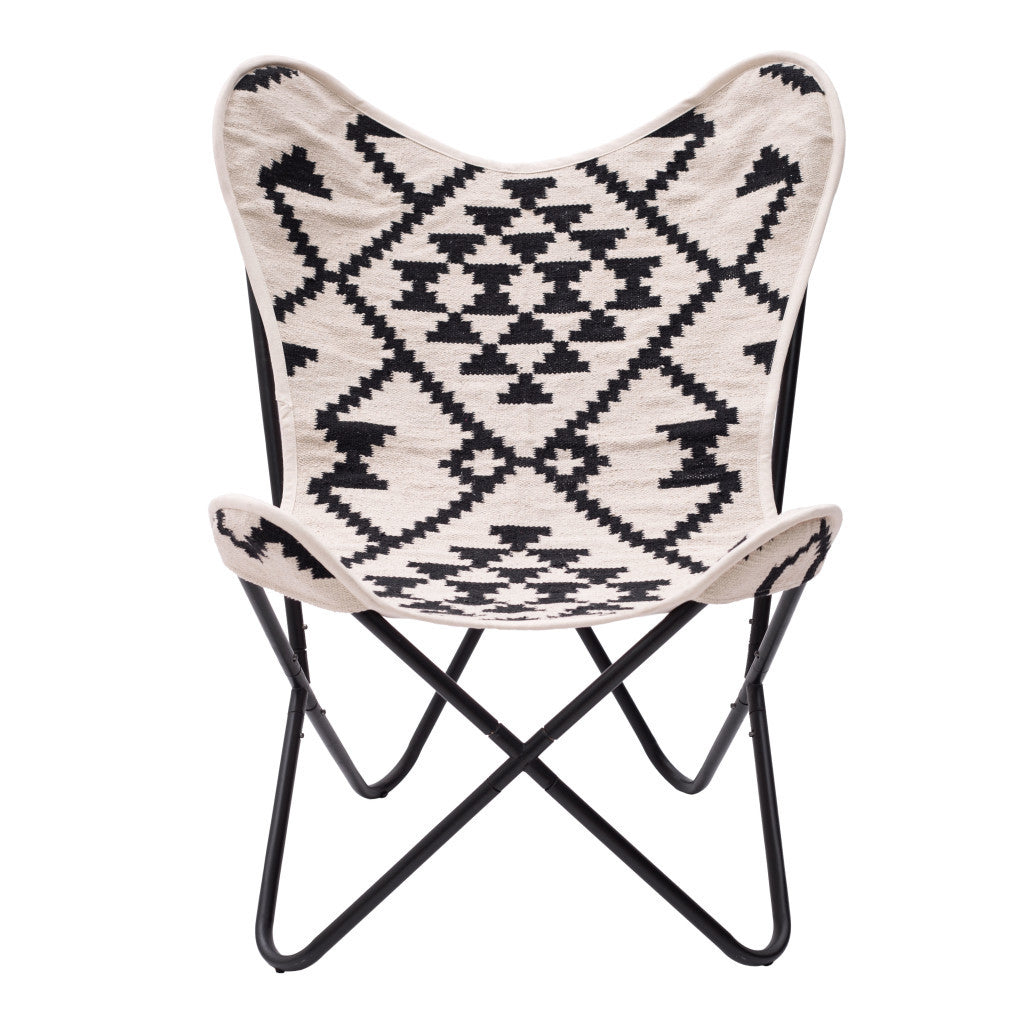 26" Beige And Black And Black Geometric Butterfly Chair