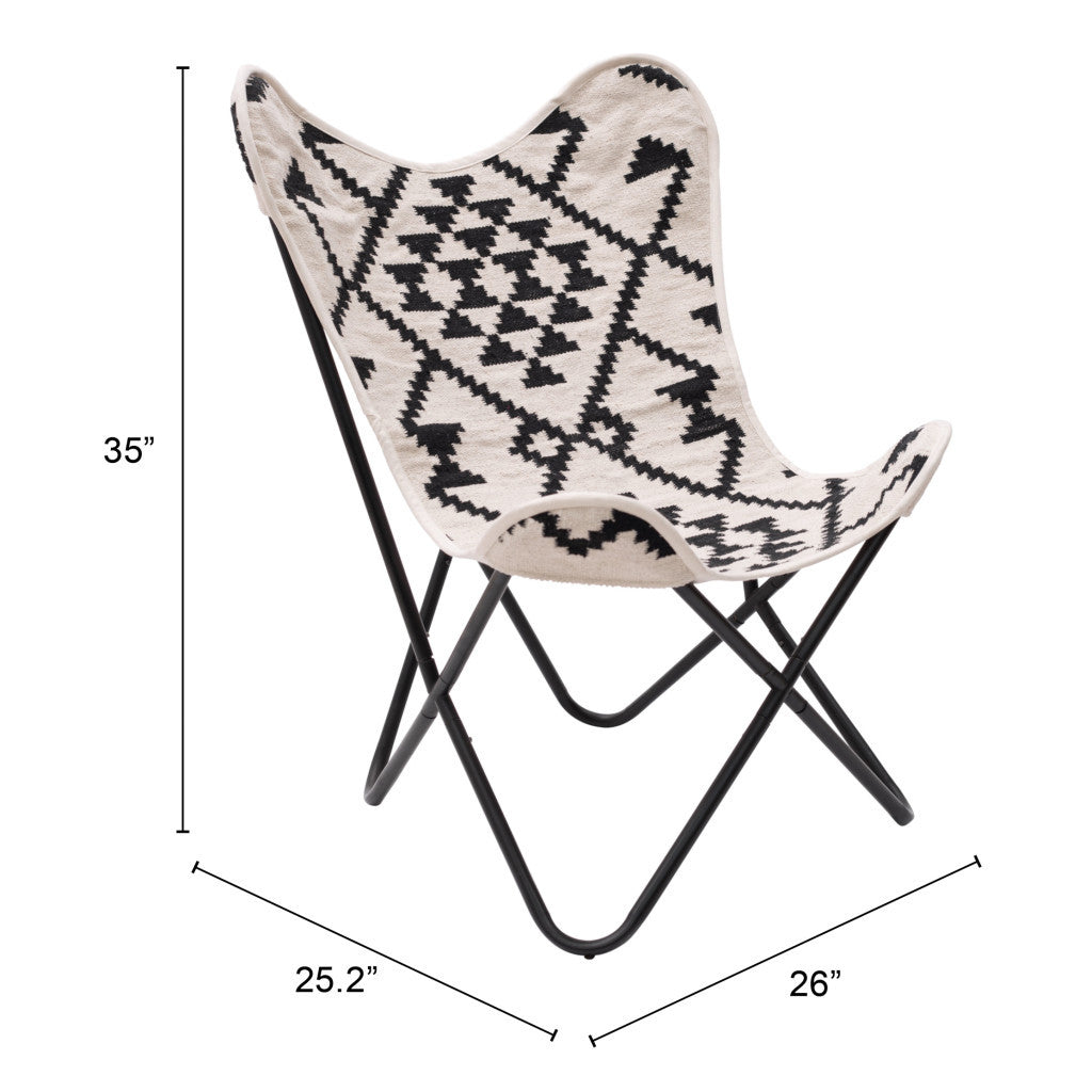26" Beige And Black And Black Geometric Butterfly Chair