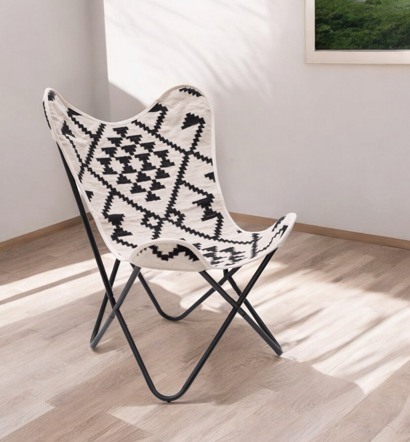 26" Beige And Black And Black Geometric Butterfly Chair